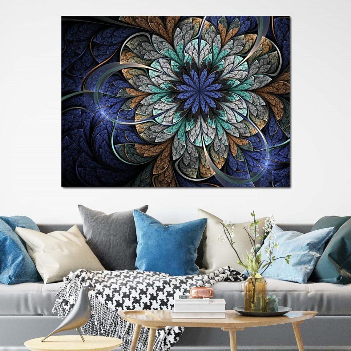 Blue Gold Fractal Mandala Flower Geometric Bloom Modern Art Poster - Image 2