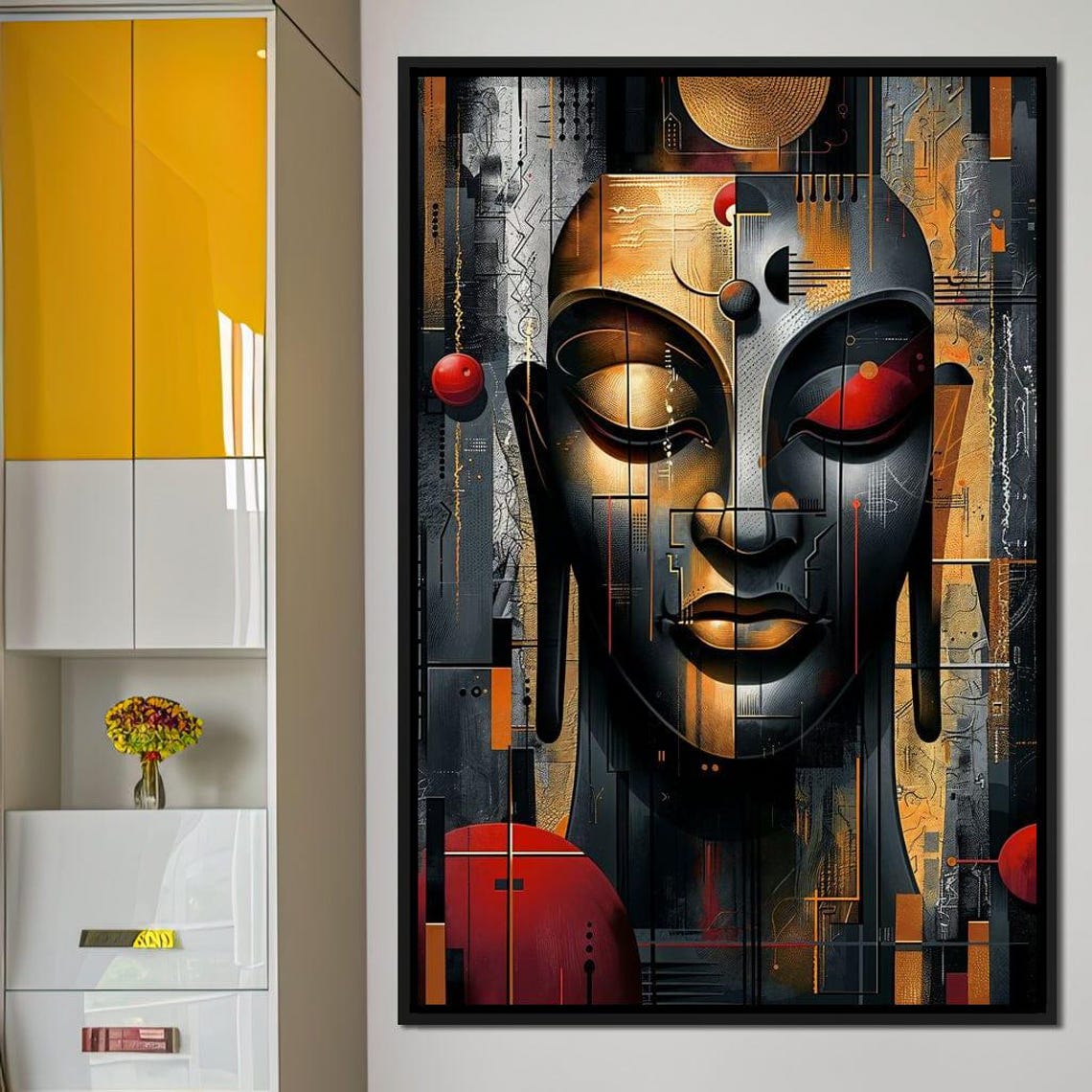 Geometric Buddha Face Abstract Gold Red Modern Spiritual Art - Image 3