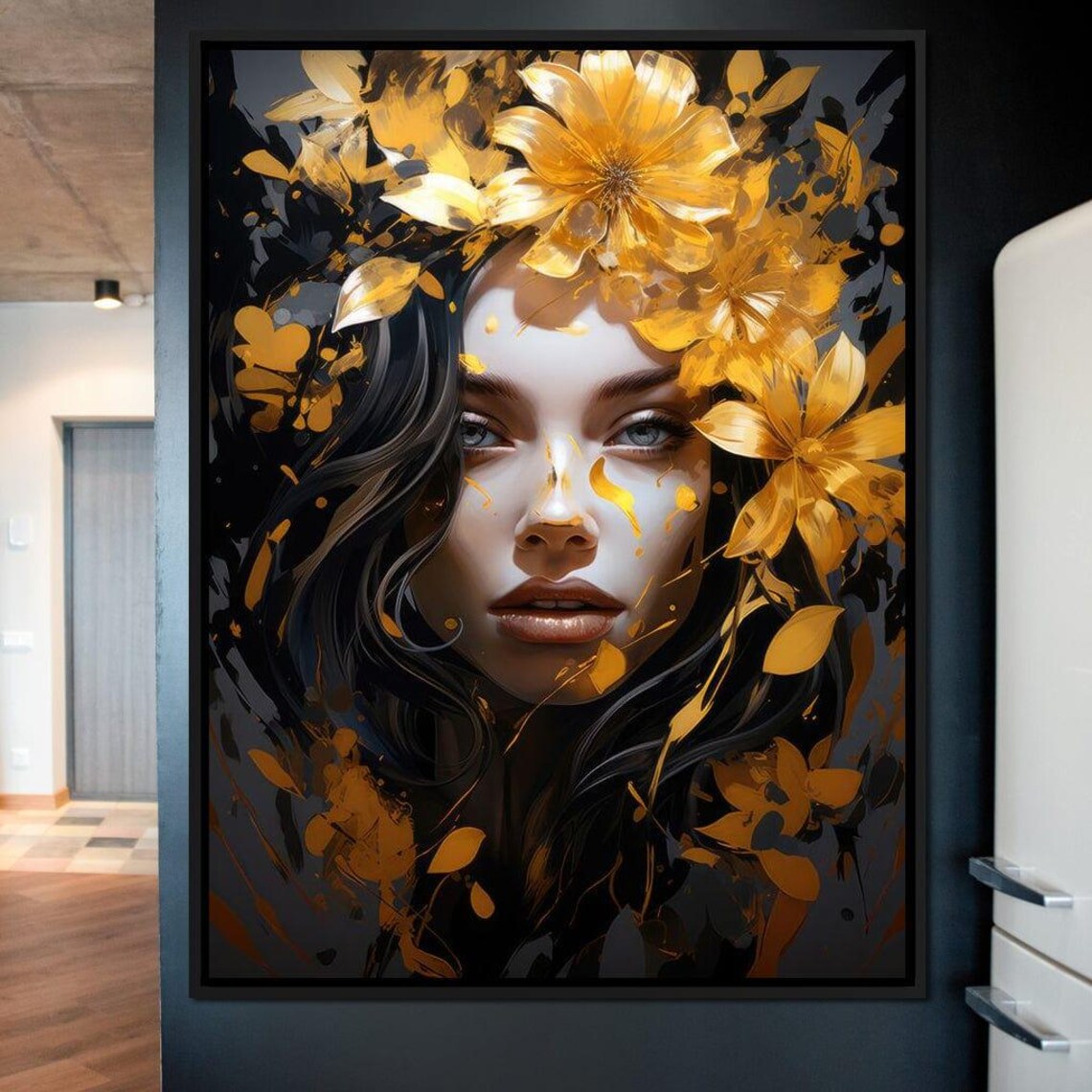 Golden Blossoms Woman Portrait Dark Dramatic Floral Wall Art Print