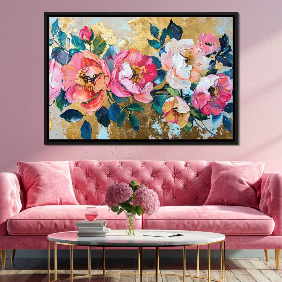 Golden Pink Peonies Gold Leaf Floral Painting Lush Blooms Wall Art - Image 2