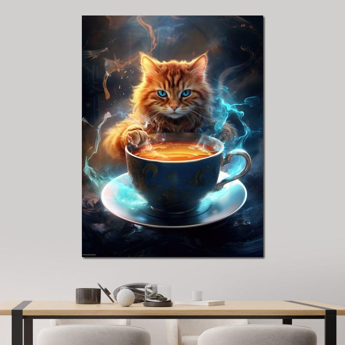 The Cat Smoky Stare Orange Kitten Blue Teacup Fantasy Poster - Image 4