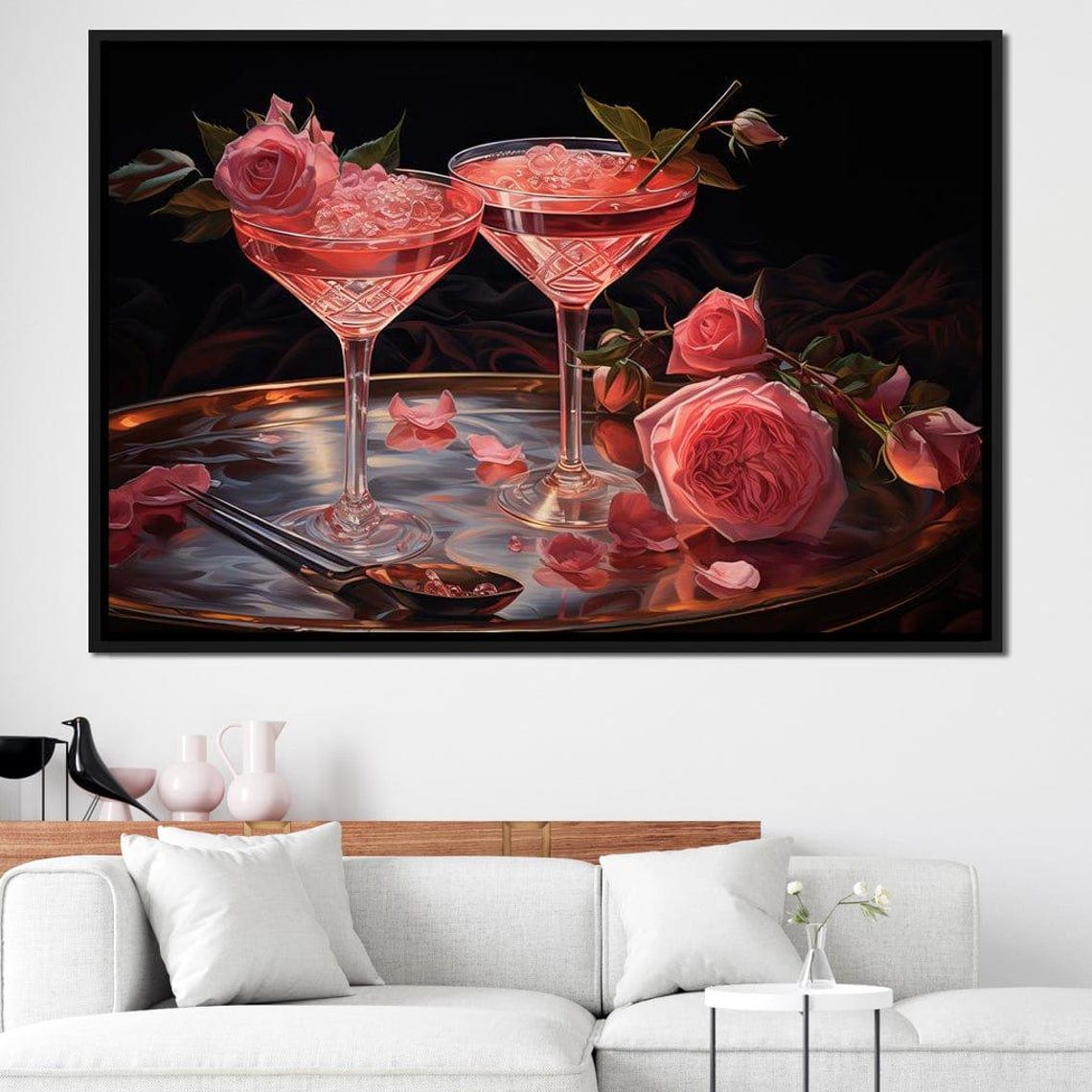 Pink Rose Cocktails Crystal Glasses Dark Moody Bar Wall Art Poster - Image 4