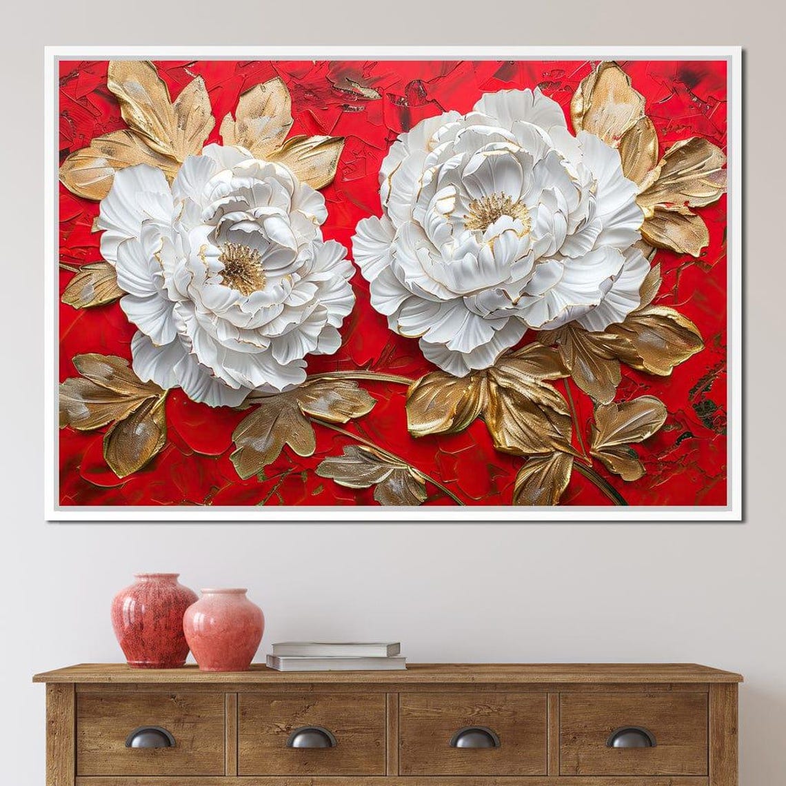 White Peonies on Red with Gold Leaves Bold Floral Wall Art Poster