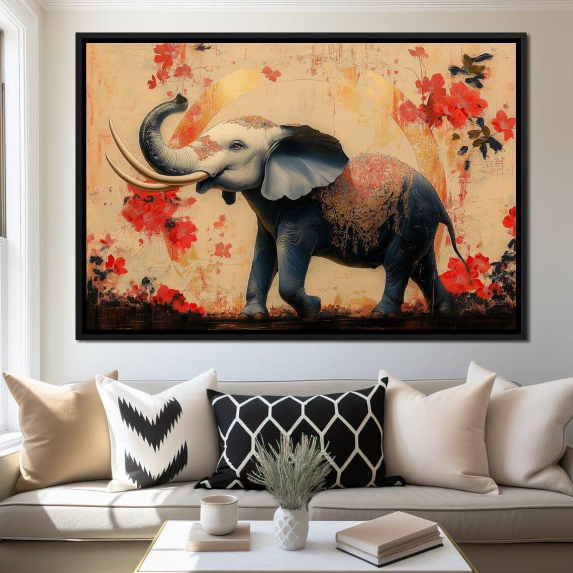 Majestic Elephant Gold Decorated Blue Elephant Red Blossom Wildlife Poster