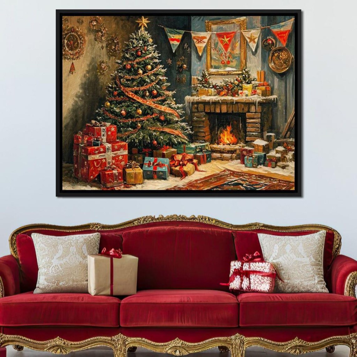 Vintage Christmas Living Room Tree Fireplace Gifts Festive Poster - Image 2