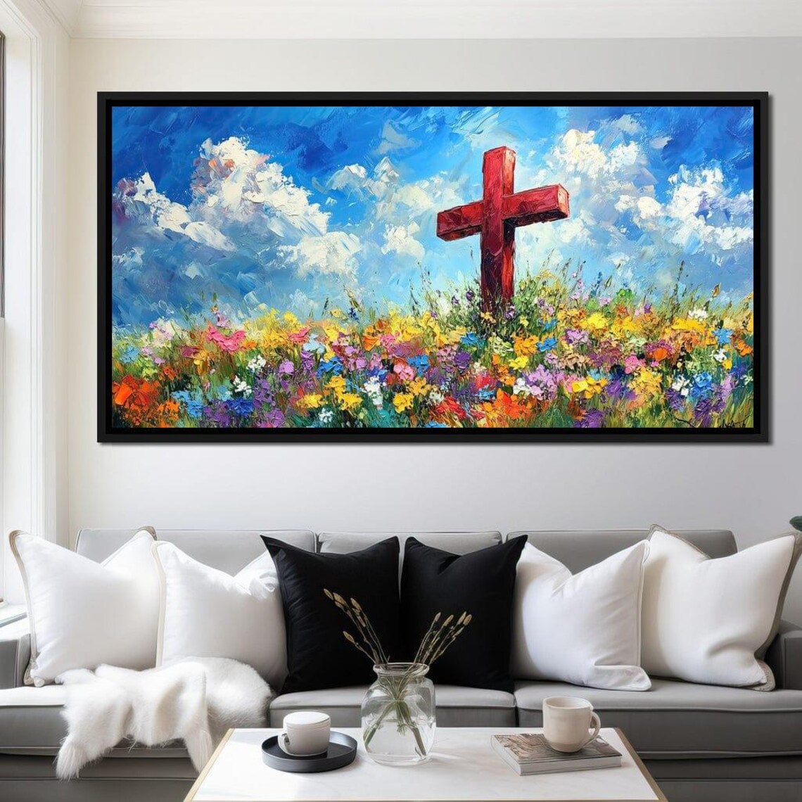 Red Cross Wildflower Meadow Blue Sky Christian Inspirational Poster - Image 3