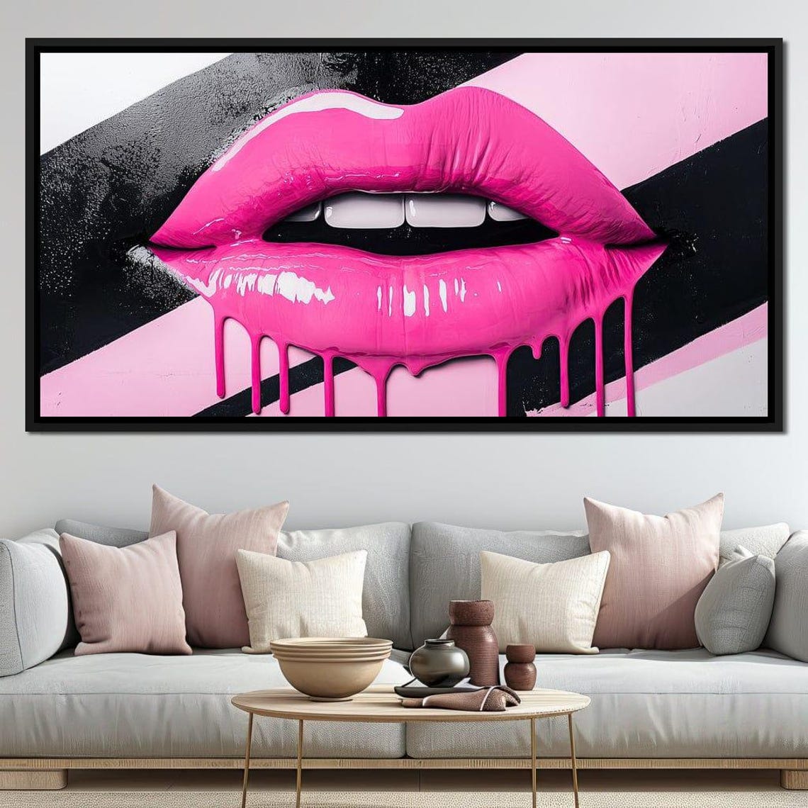 Neon Lips Melting Dreams Modern Wall Art Pink Decor Dripping Paint Home Decor Bold Urban Style By Nichecanvas - Image 2
