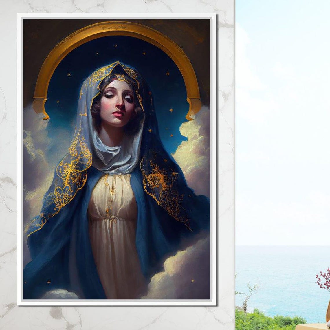 Virgin Mary Blue Mantle Golden Halo Clouds Heavenly Religious Wall Art - Image 4