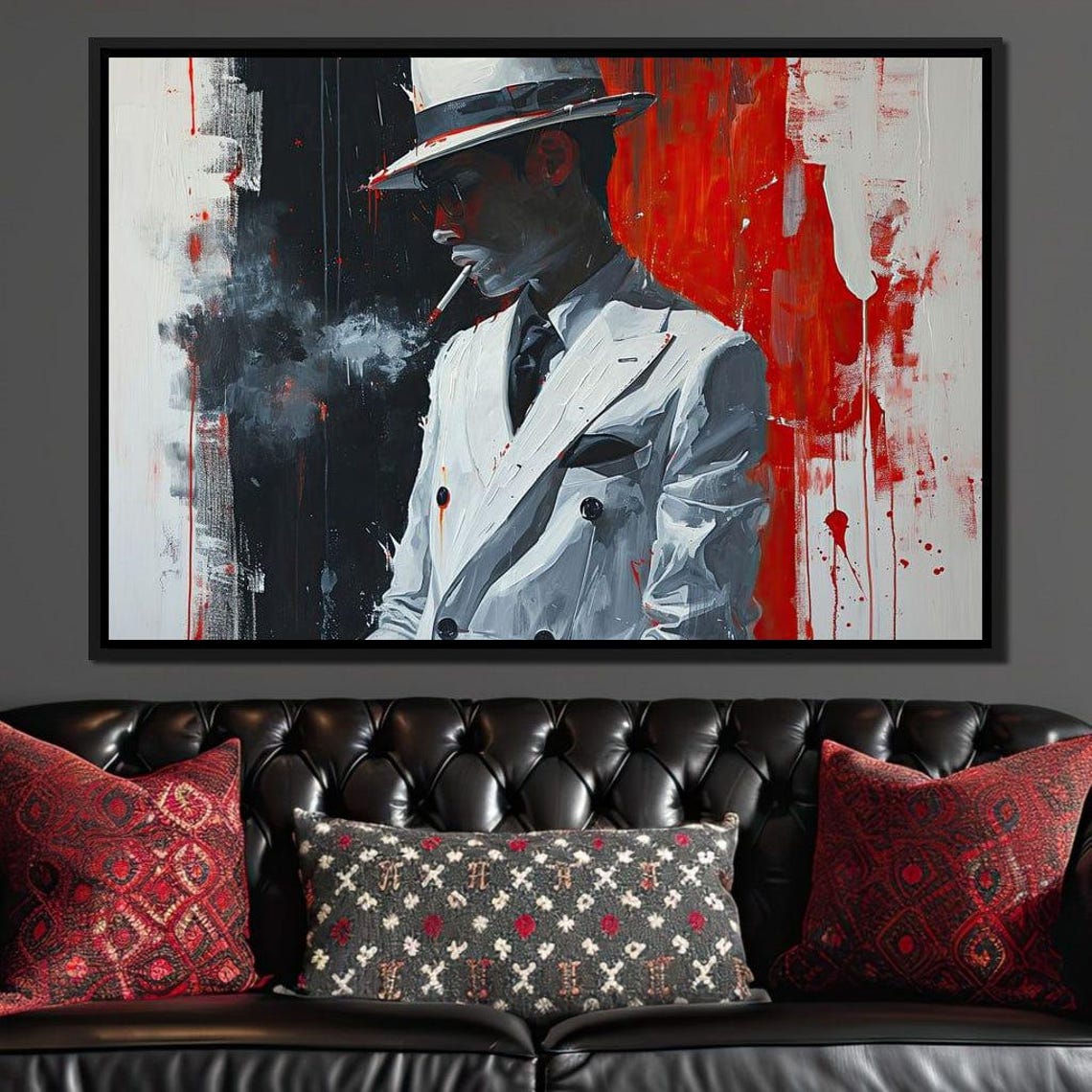 Man White Suit Fedora Smoking Cigarette Red Black Noir Portrait Print
