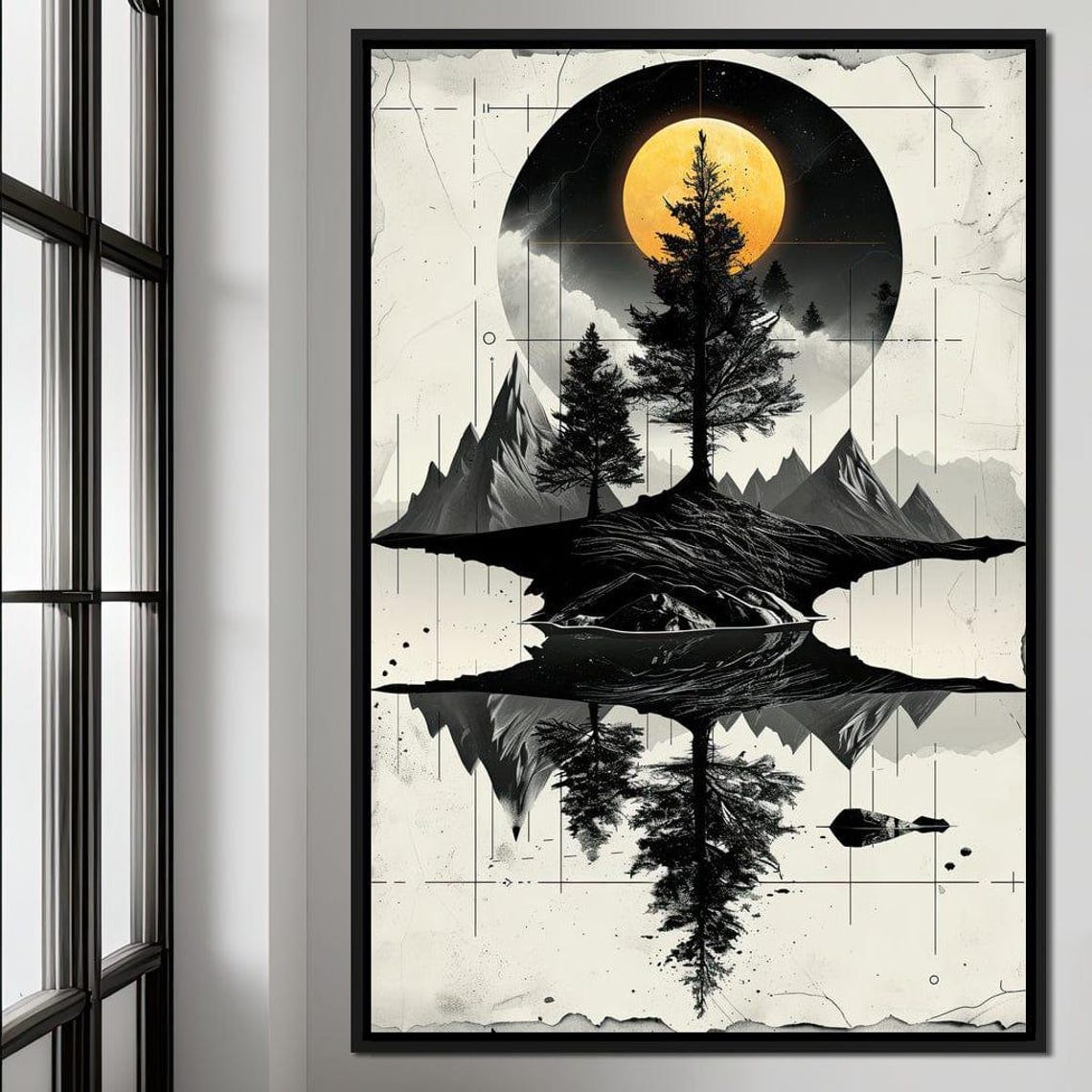 Moonlit Mountain Reflection Minimalist Black And White Wall Art - Image 4