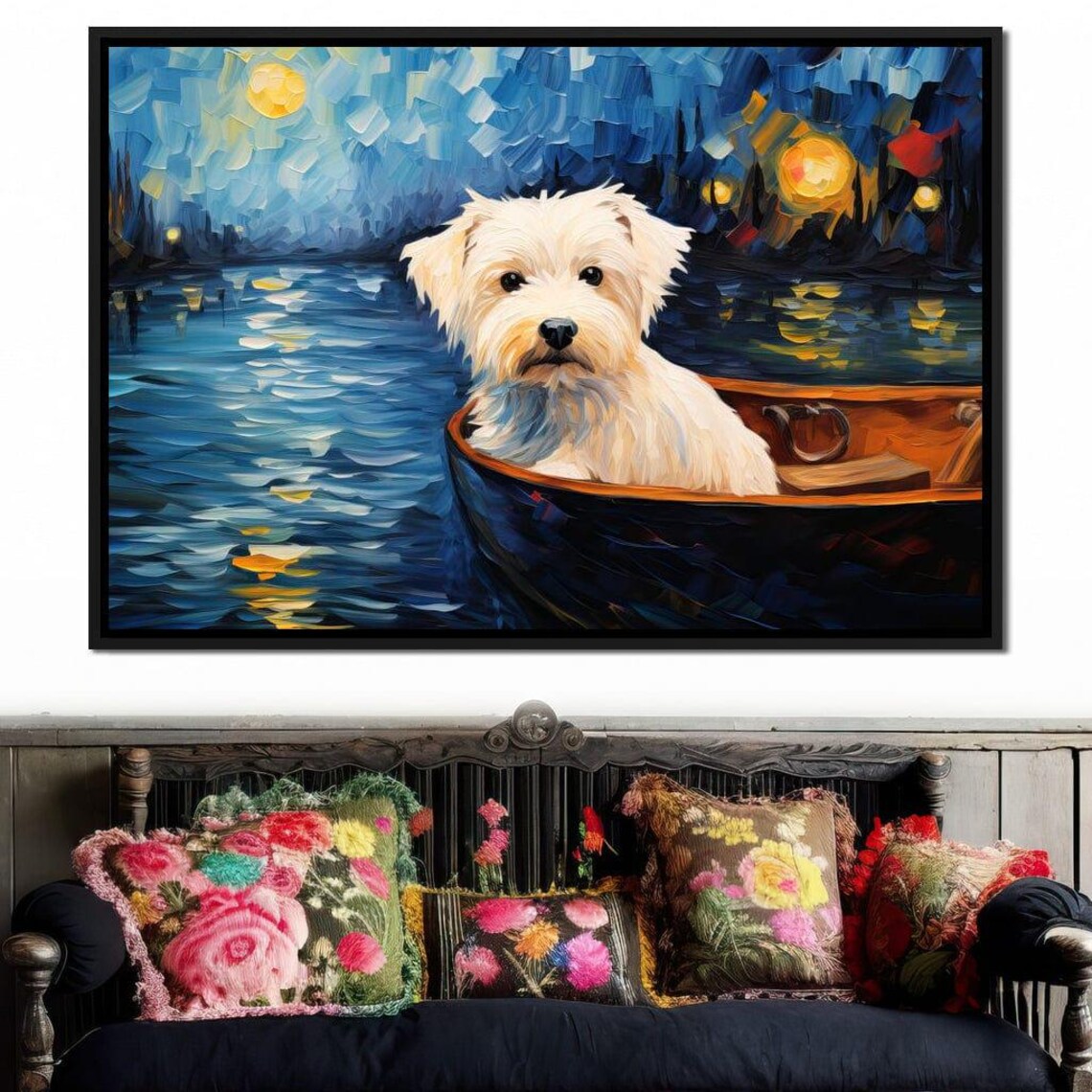 Cute White Terrier Dog Boat Night Lake Starry Sky Puppy Wall Art