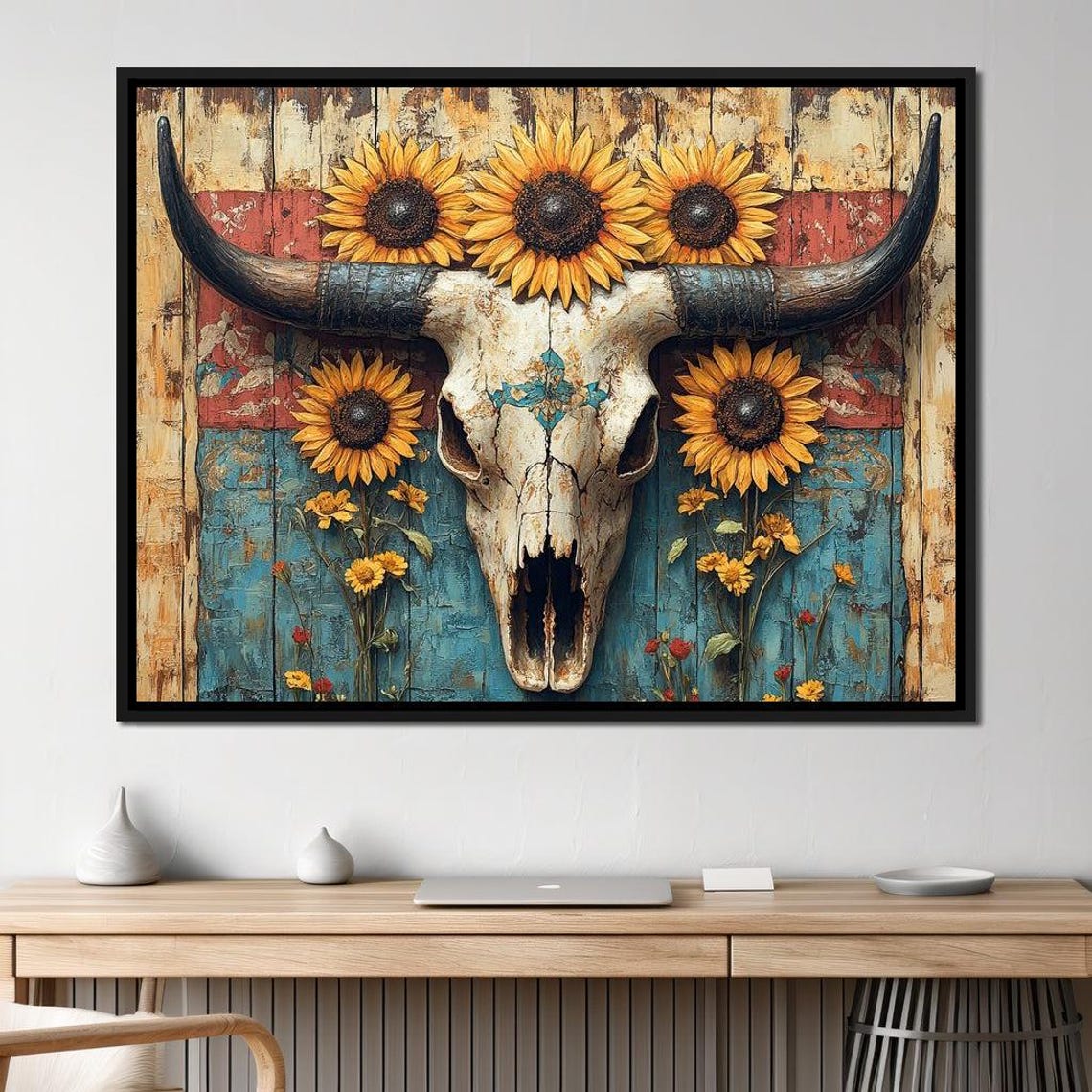 Longhorn Skull Sunflower Wreath Rustic Barn Wood Western Art Print