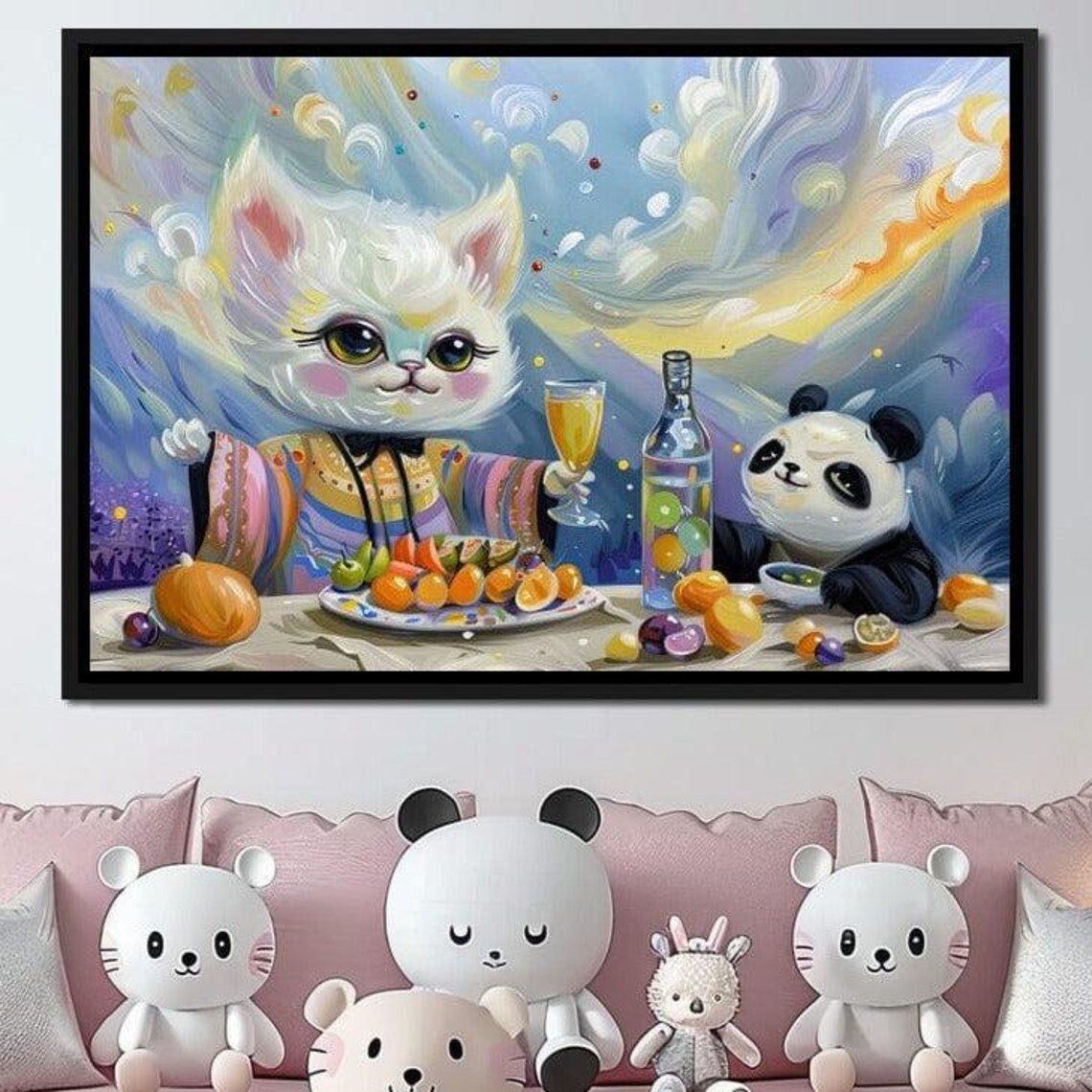 Cute White Kitten Panda Feast Party Whimsical Kids Room Wall Art Poster - Image 4