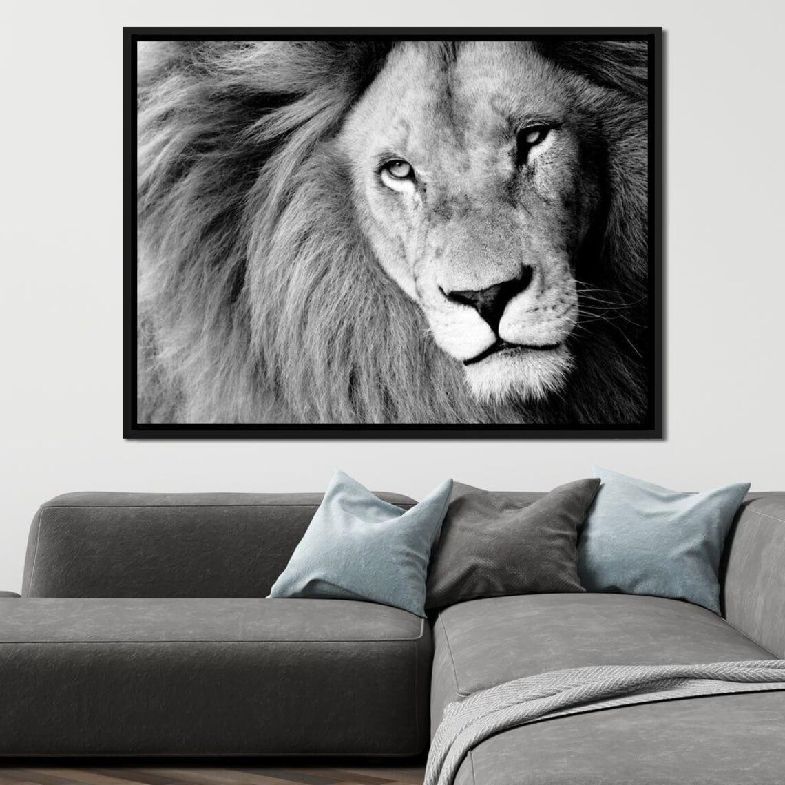 Black And White Lion Portrait Close Up Majestic Mane Wildlife Art Poster