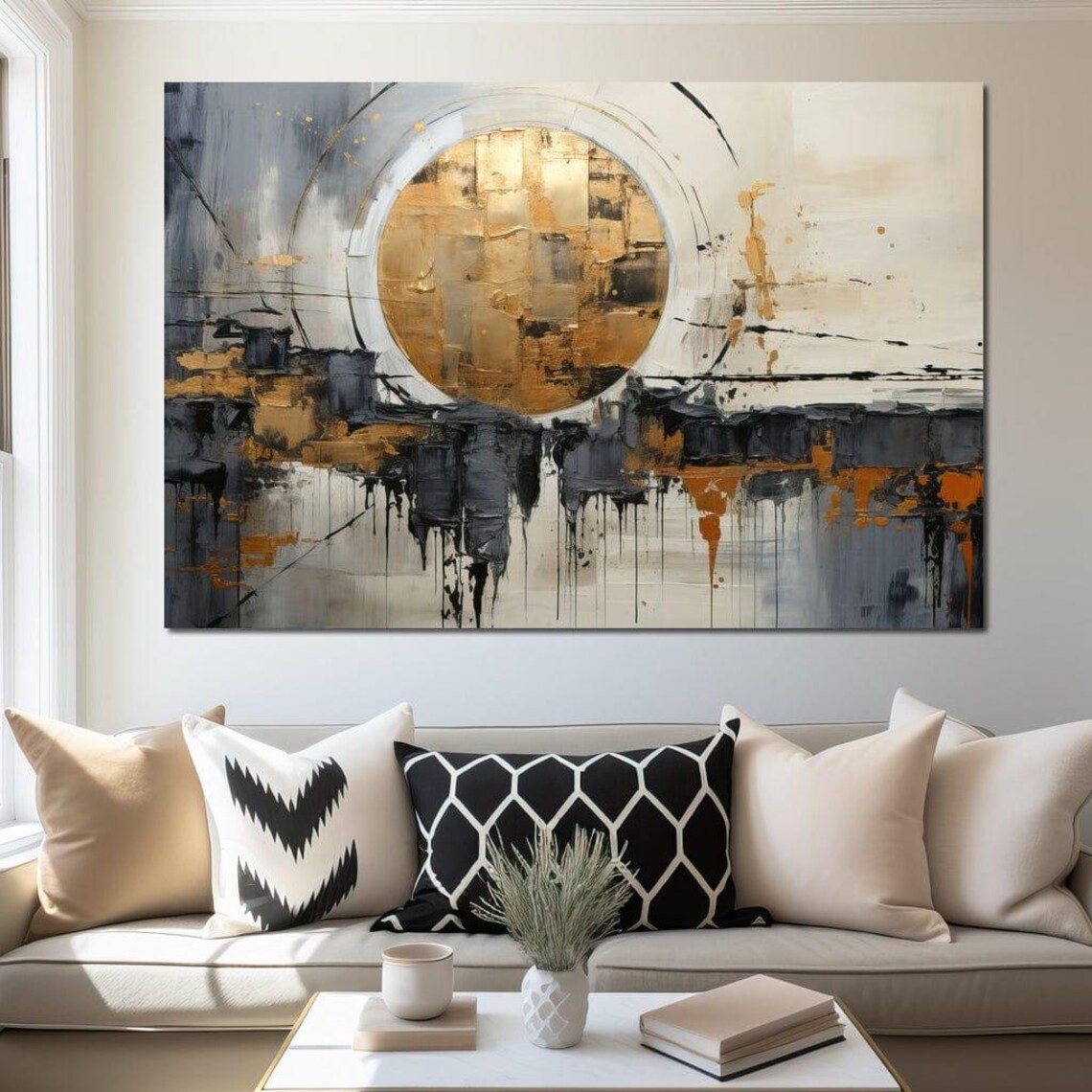 Golden Sun Circle Grey Black Impasto Abstract Modern Living Room Wall Art Poster - Image 2