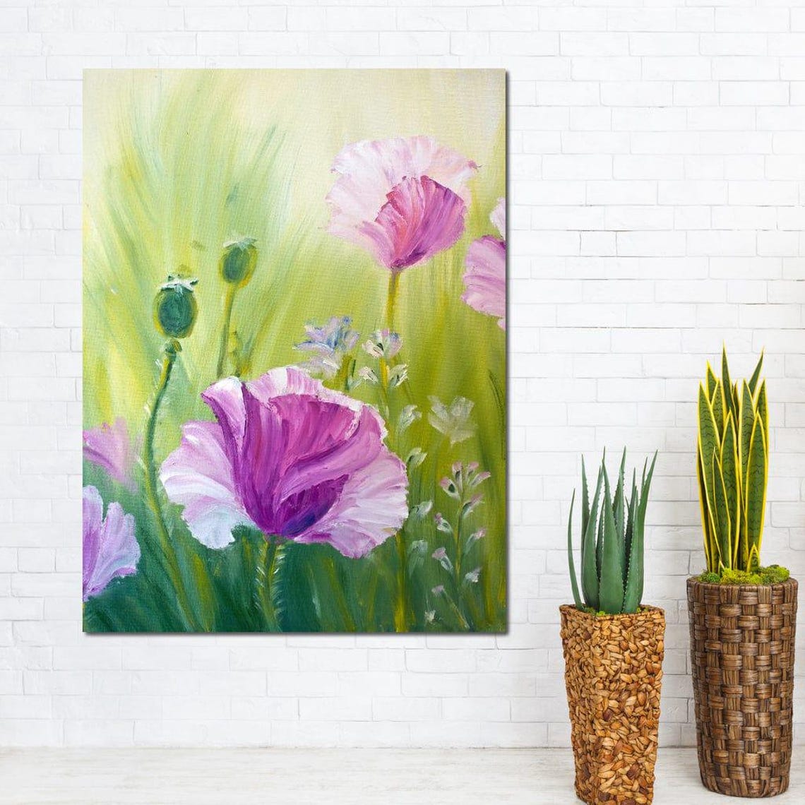 Purple Poppies Floral Art Wall Decor Green And Purple Nature Art For Living Room Flower Painting By Nichecanvas - Image 3