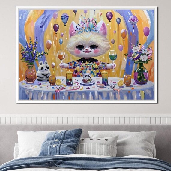 Festive Kitten Birthday Party Balloons Colorful Kids Room Wall Art Poster