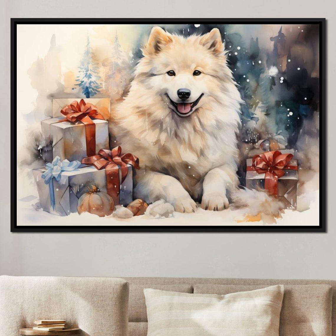 Smiling Samoyed Dog Christmas Gifts Snow Watercolor Winter Art Print - Image 3
