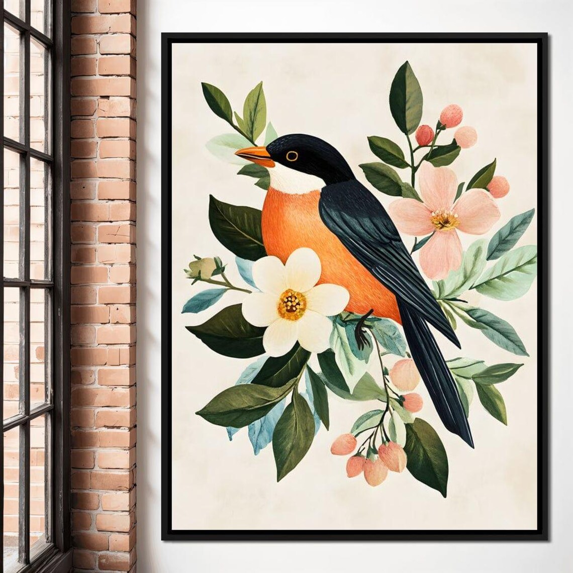 Black Headed Songbird With Vintage Spring Blossom Flowers Poster