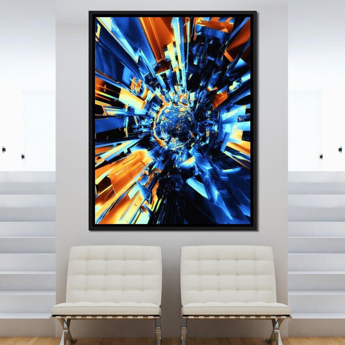 Blue Orange Geometric Tunnel Futuristic Sci Fi Abstract Wall Art Print