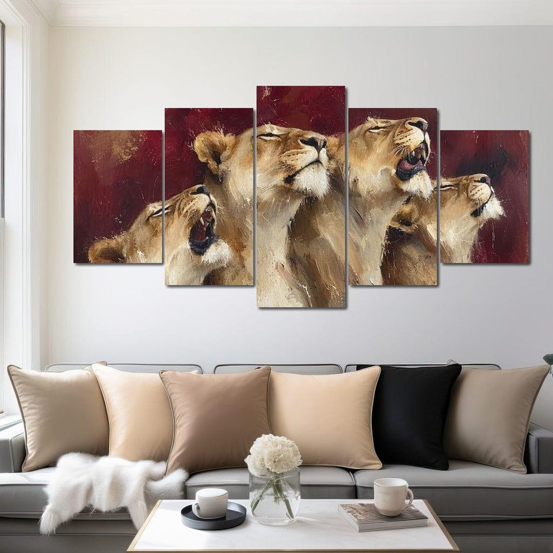 Roaring Lionesses Pride Crimson Dusk Dramatic Wildlife Wall Art Poster - Image 4