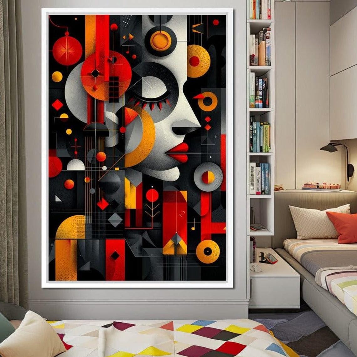 Abstract Geometric Woman Profile Red Black Gold Modern Wall Art Poster