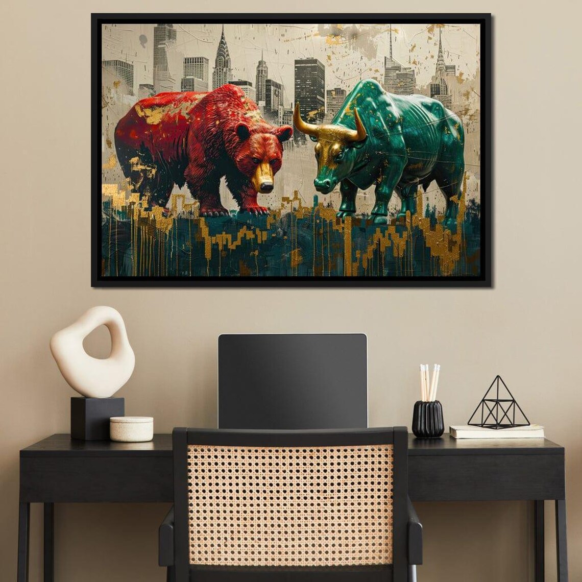 Red Bear Versus Green Bull Wall Street Stock Market Skyline Poster - Image 2