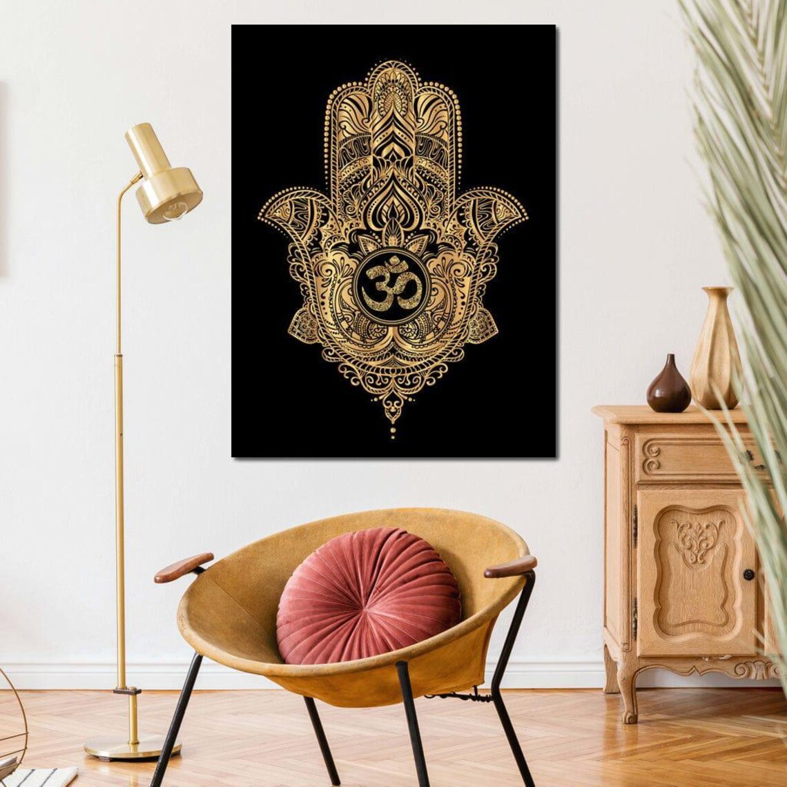 Golden Hamsa Hand Om Symbol Spiritual Black Background Wall Poster - Image 3