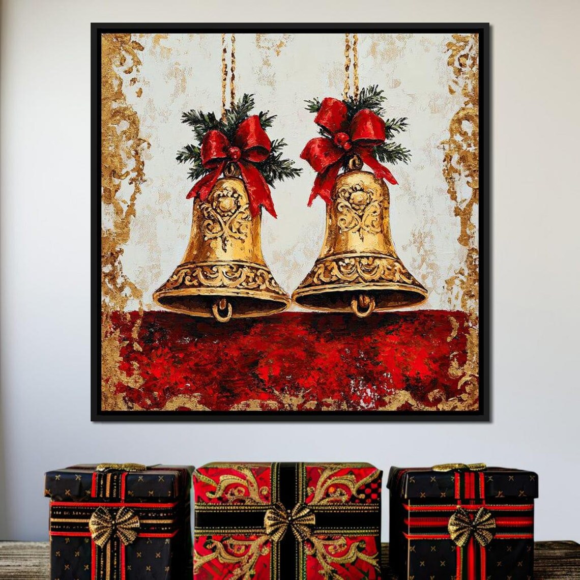 Ornate Golden Christmas Bells With Red Bows Red Gold Wall Art Poster - Image 4