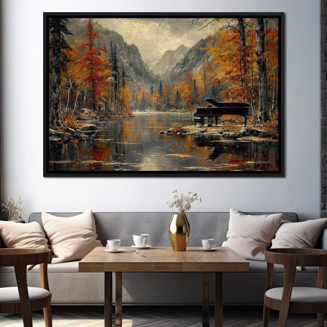 Grand Piano Lakeside Autumn Mountains Misty Lake Travel Poster