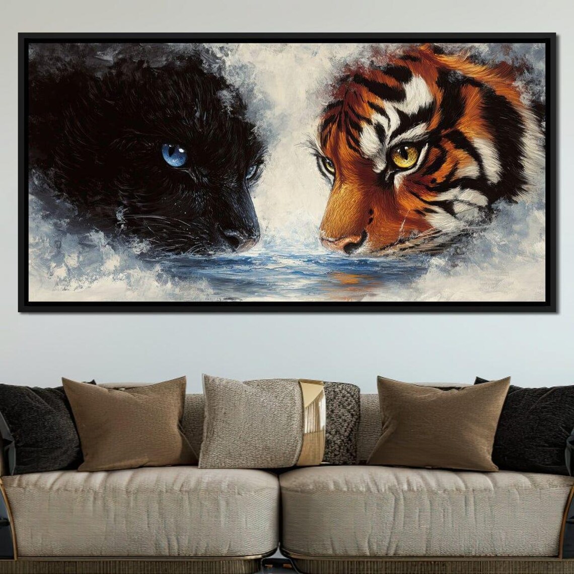 Black Panther Tiger Faces Mist Water Framed Wildlife Contrast Wall Art - Image 4