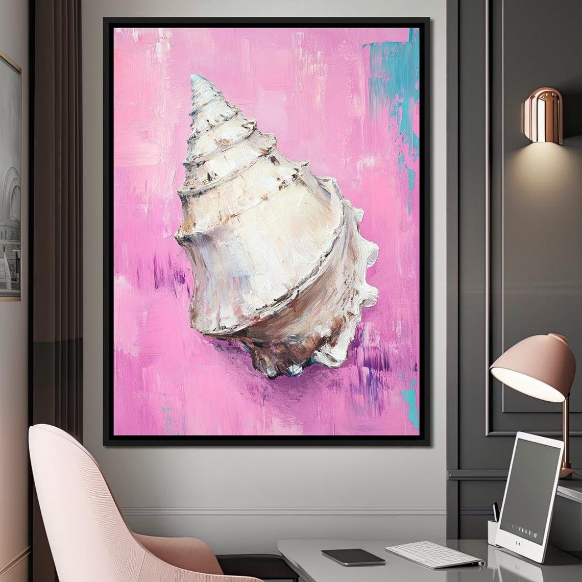 White Conch Seashell Pink Background Coastal Beach Wall Art Print - Image 4