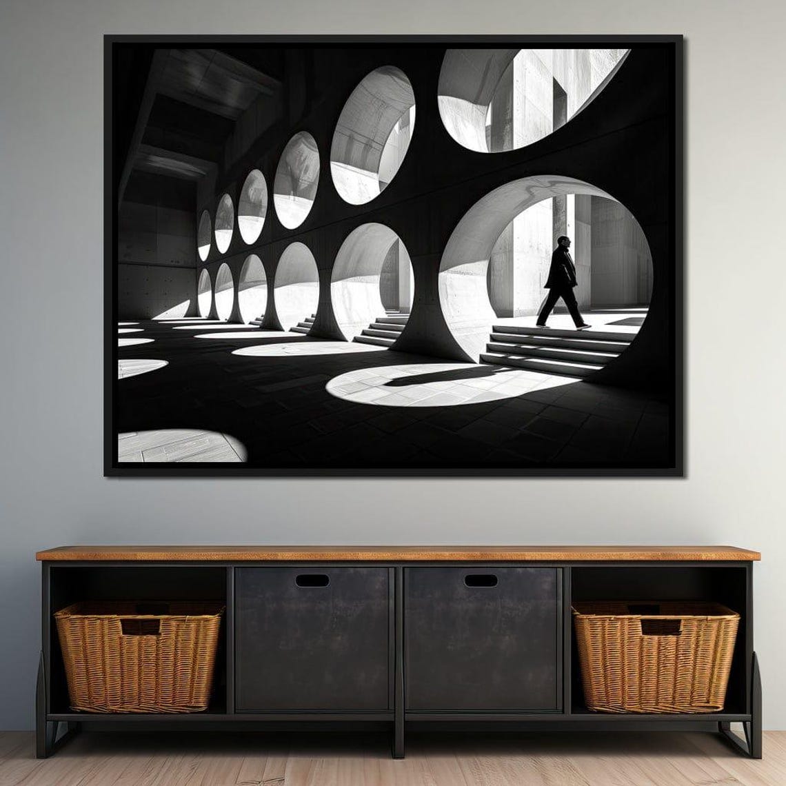 Round Window Arch Light Pools Dark Hall Minimalist Architecture Poster - Image 2