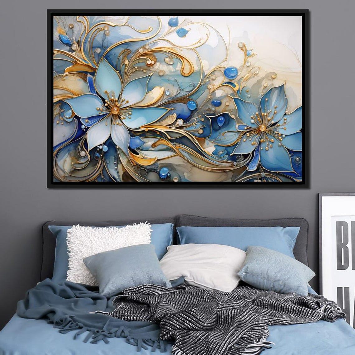 Luminous Blue Gold Abstract Floral Five Panel Canvas Wall Art Poster - Image 4