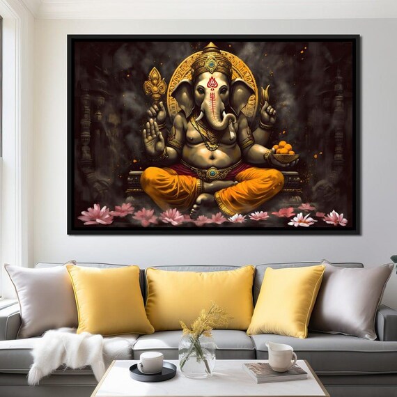 Seated Lord Ganesha Golden Halo Lotus Blossoms Divine Blessing Wall Art Poster