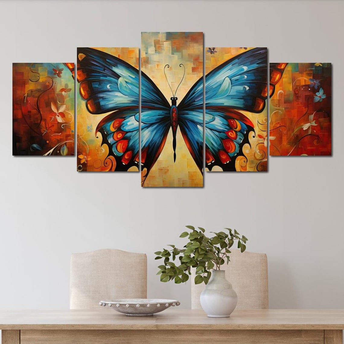 Blue Butterfly Mosaic Floral Background Vibrant Nature Wall Art Poster - Image 4