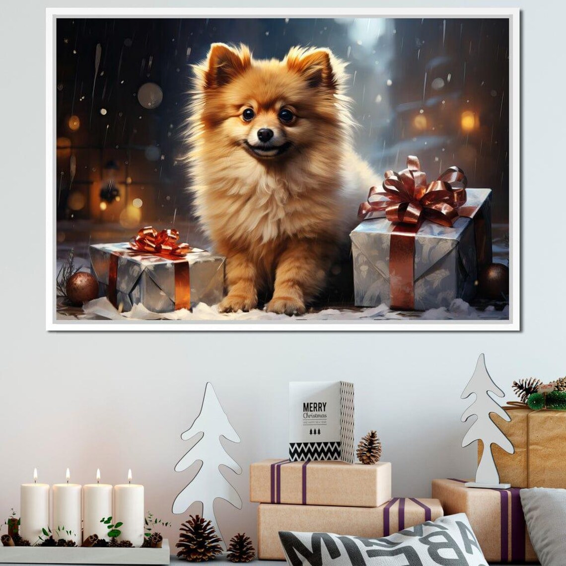 Pomeranian Puppy Christmas Gifts Snowy Night Festive Dog Art Print