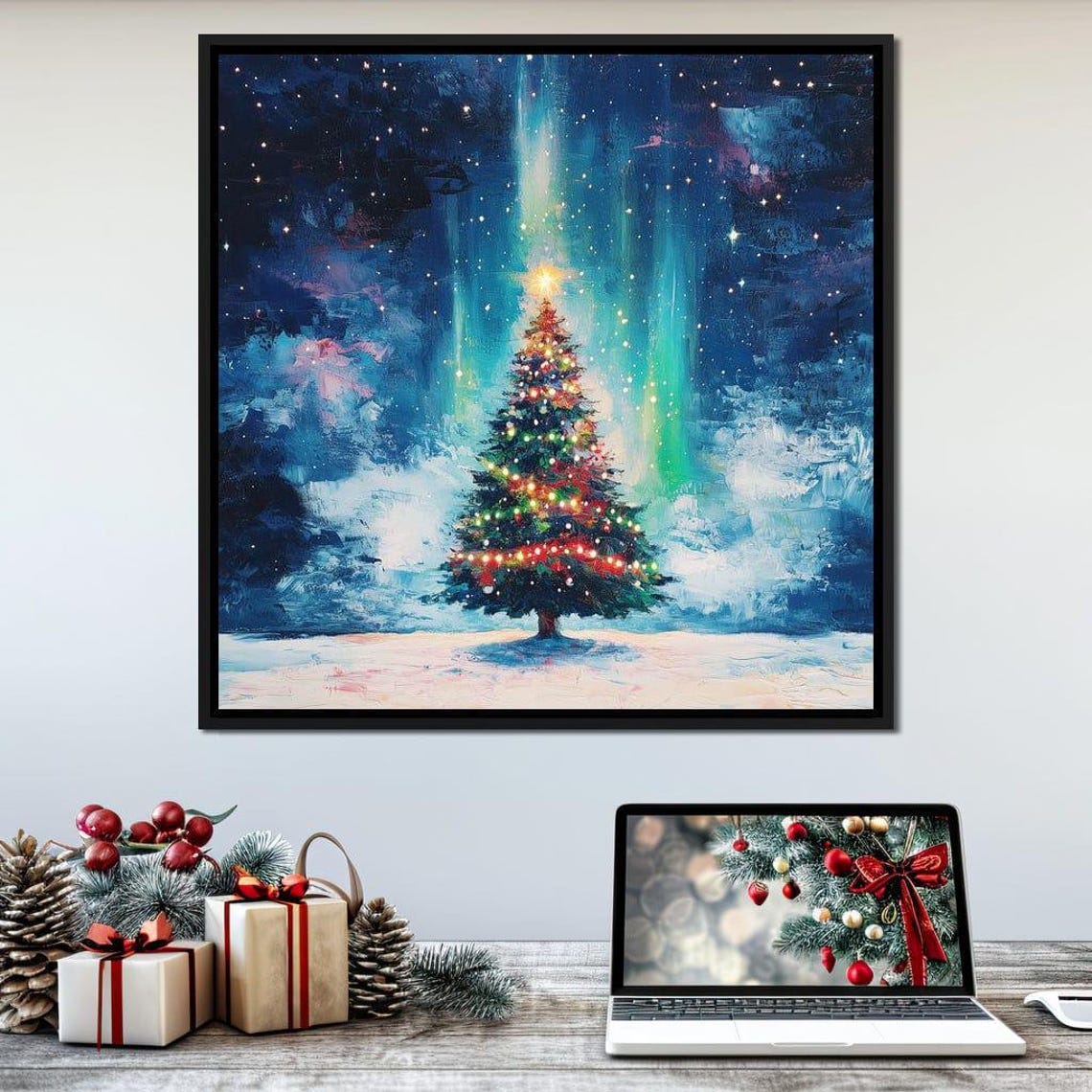 Lit Christmas Tree Under The Northern Lights Night Sky Poster