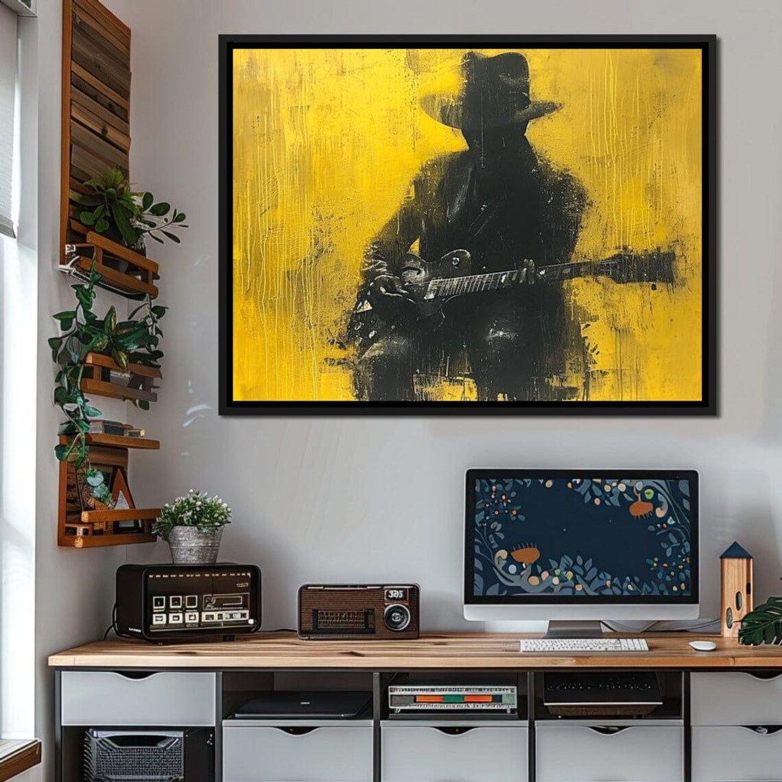 Golden Melody Silhouette Guitar Art Print, Music Decor