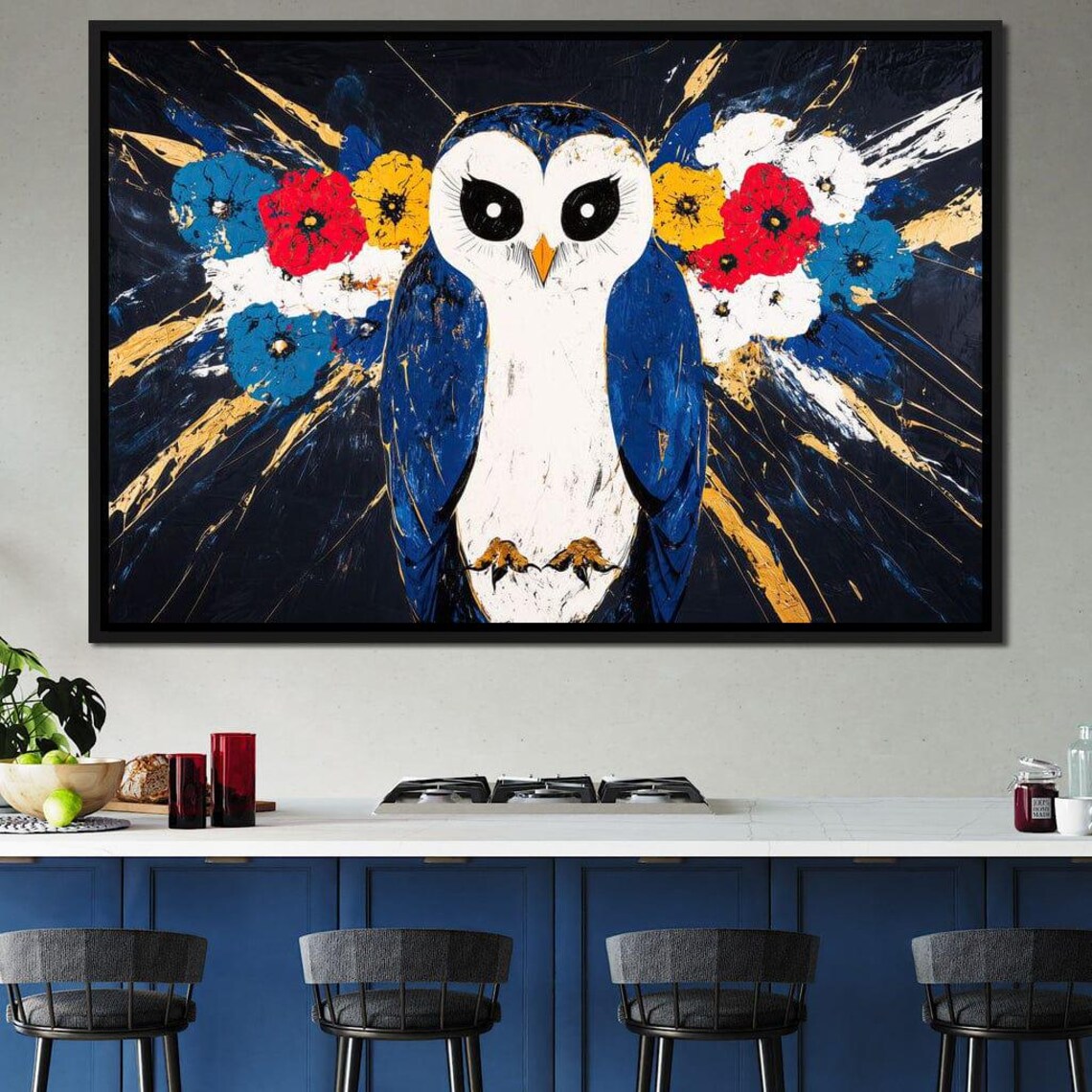 White Barn Owl With Blue Wings Colorful Floral Midnight Art Poster - Image 2