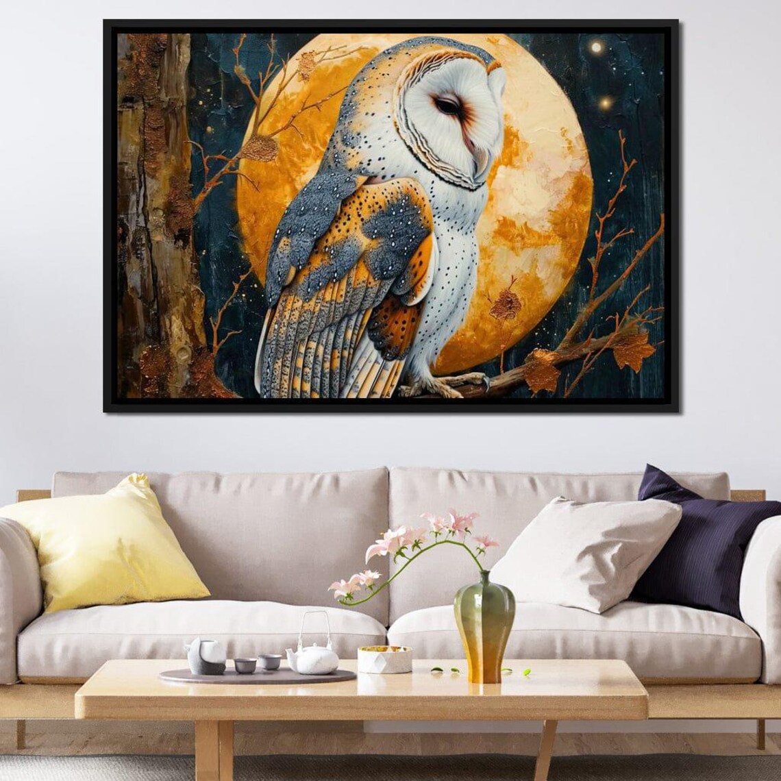 Barn Owl Perched Under Golden Moon Starry Night Wildlife Art Poster - Image 3