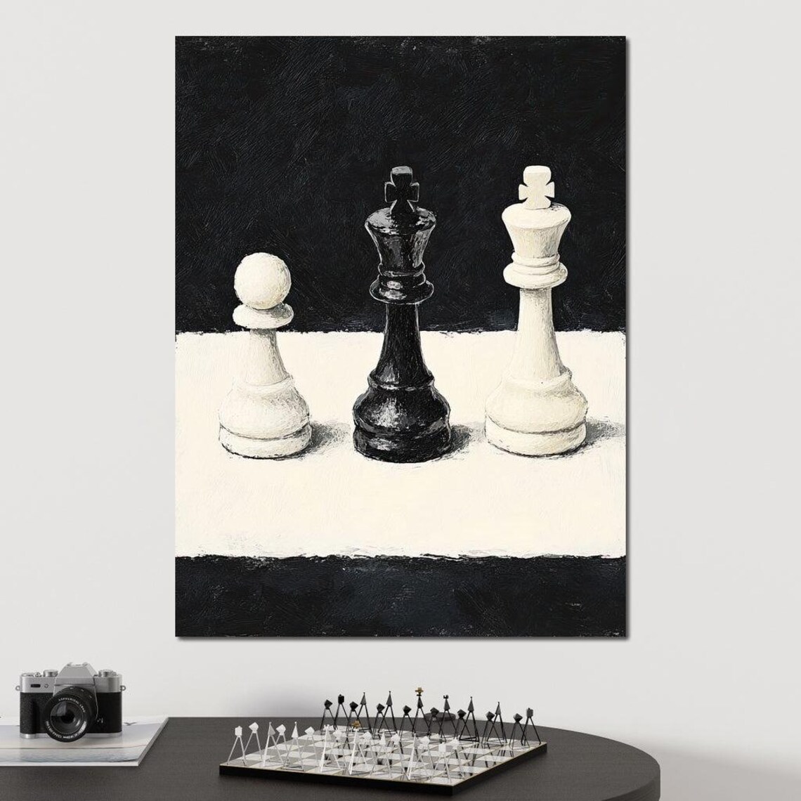 Black And White Chess Kings Pawn Minimalist Game Room Wall Art Print - Image 2