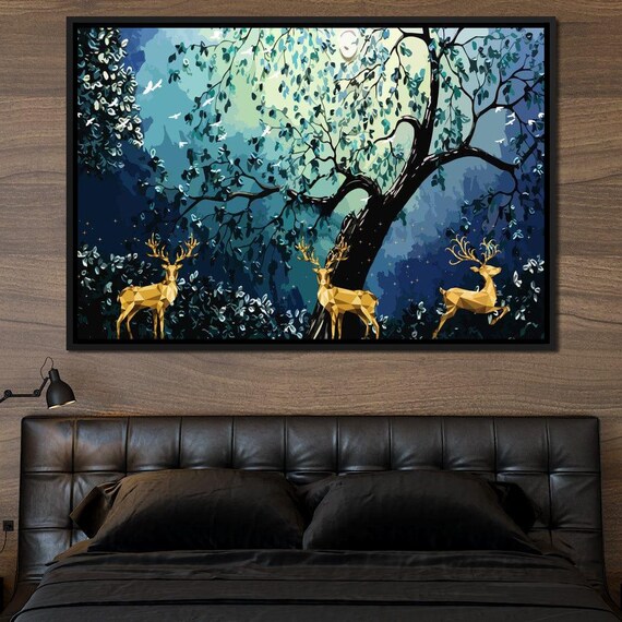 Golden Deer Under Moonlit Tree Night Forest Fantasy Wall Art