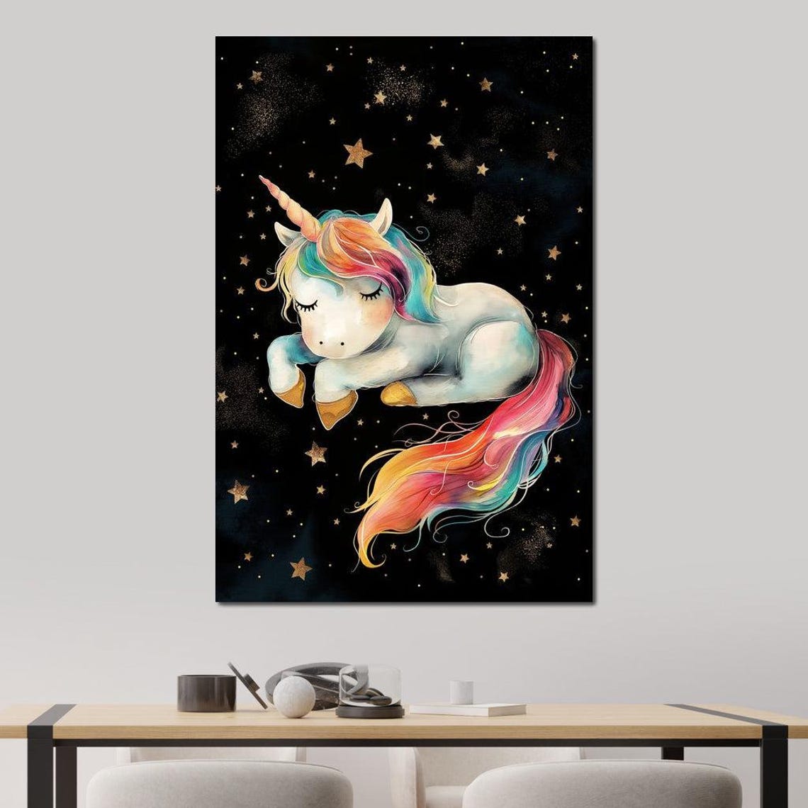 Sleeping Rainbow Mane Baby Unicorn Starry Night Sky Kids Poster - Image 2