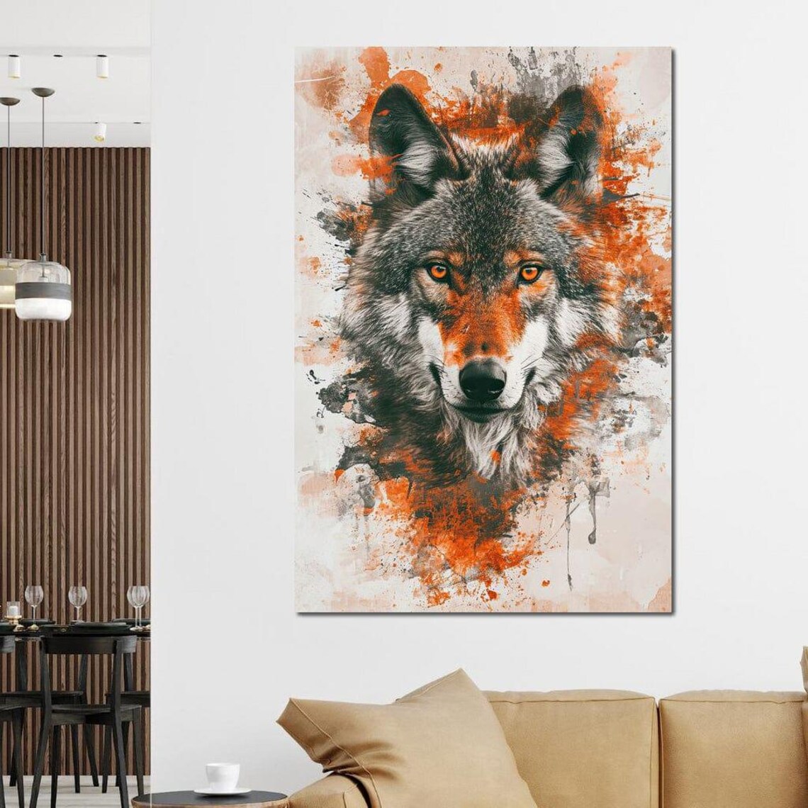 Wolf Gaze Majestic Portrait Orange Splatter Wildlife Art Poster - Image 4