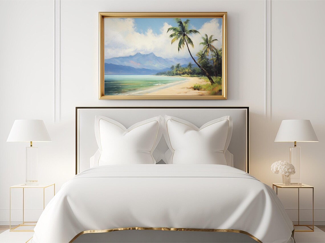 Vintage Beach And Palm Tree Painting, Tropical Coastal Decor - Image 2