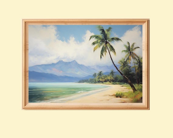 Vintage Beach And Palm Tree Painting, Tropical Coastal Decor