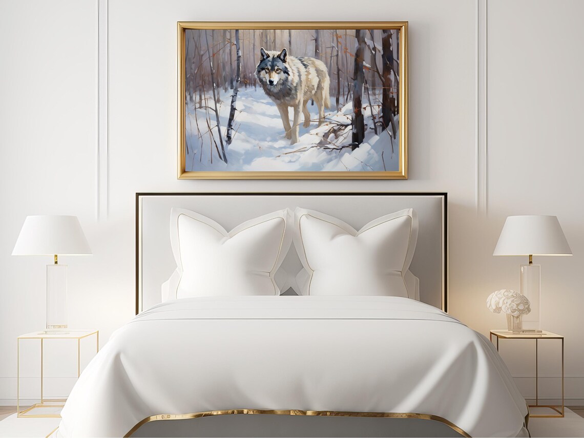 Wolf Painting in a Snowy Forest, Winter Landscape - Image 2