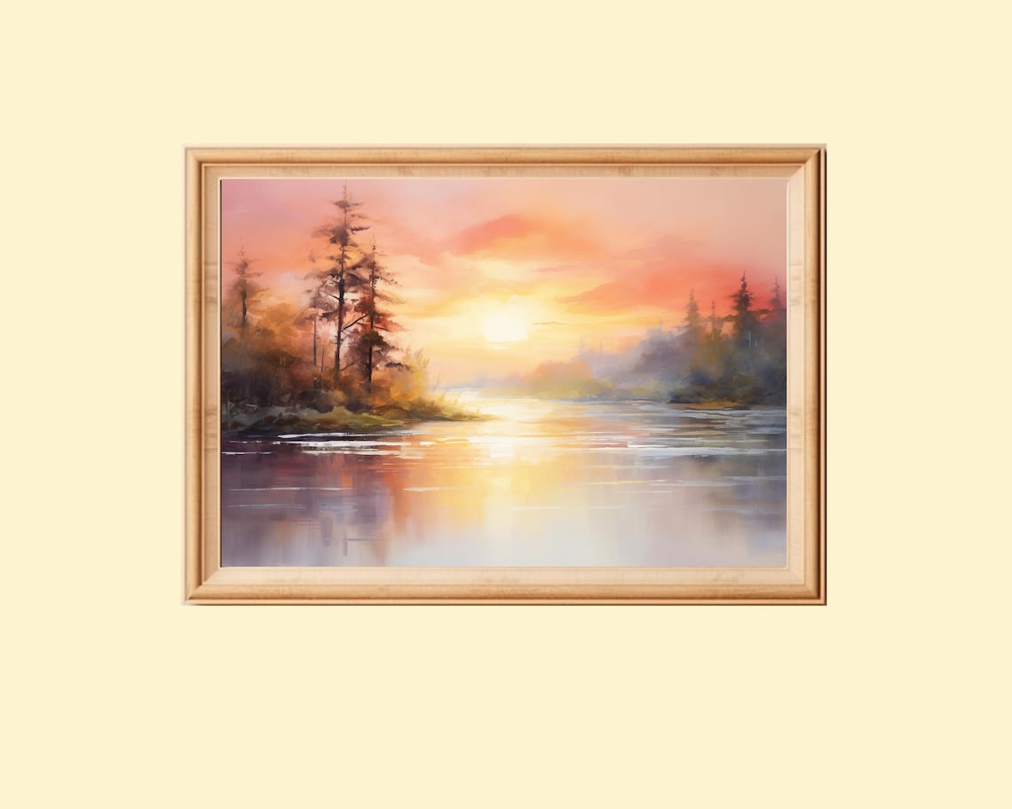 River At Sunrise, Tranquil Landscape Painting