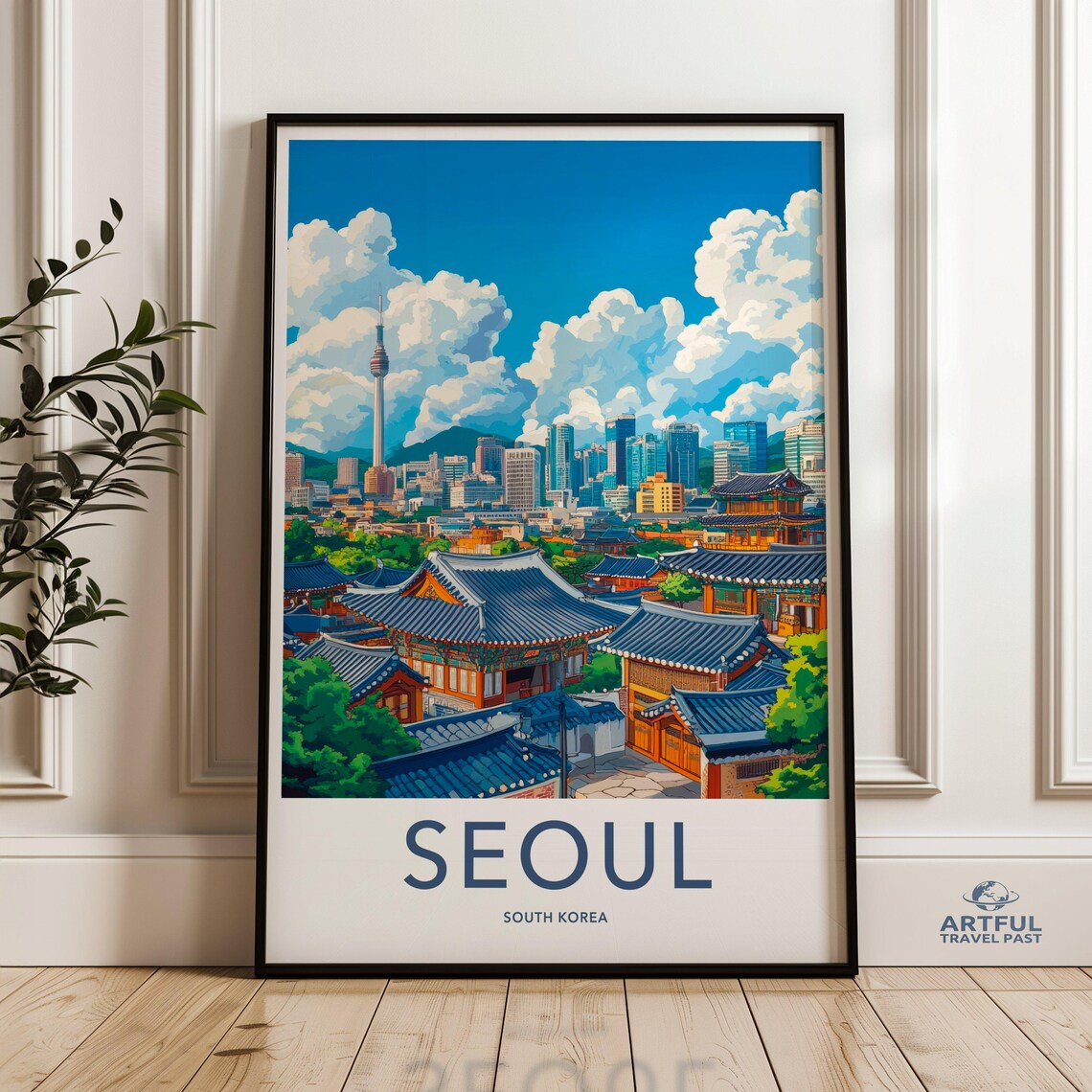 Seoul South Korea Palace Skyline Daytime Clouds Landmark Travel Poster